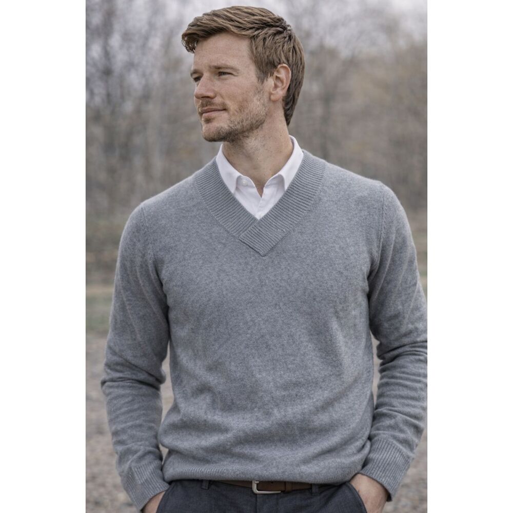 Life After Denim Gray V-Neck Sweater Cotton Cashmere Blend Men's